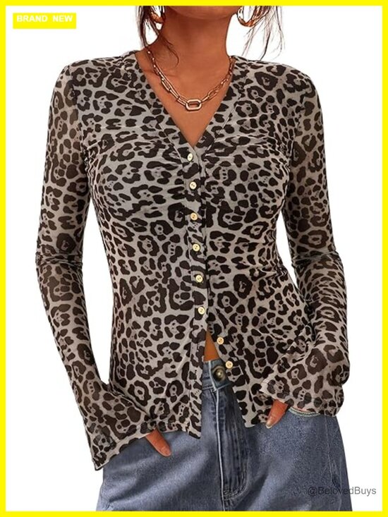 Tops - Long Sleeve Button Down Blouse Ruched Mesh Fitted Tops for Women